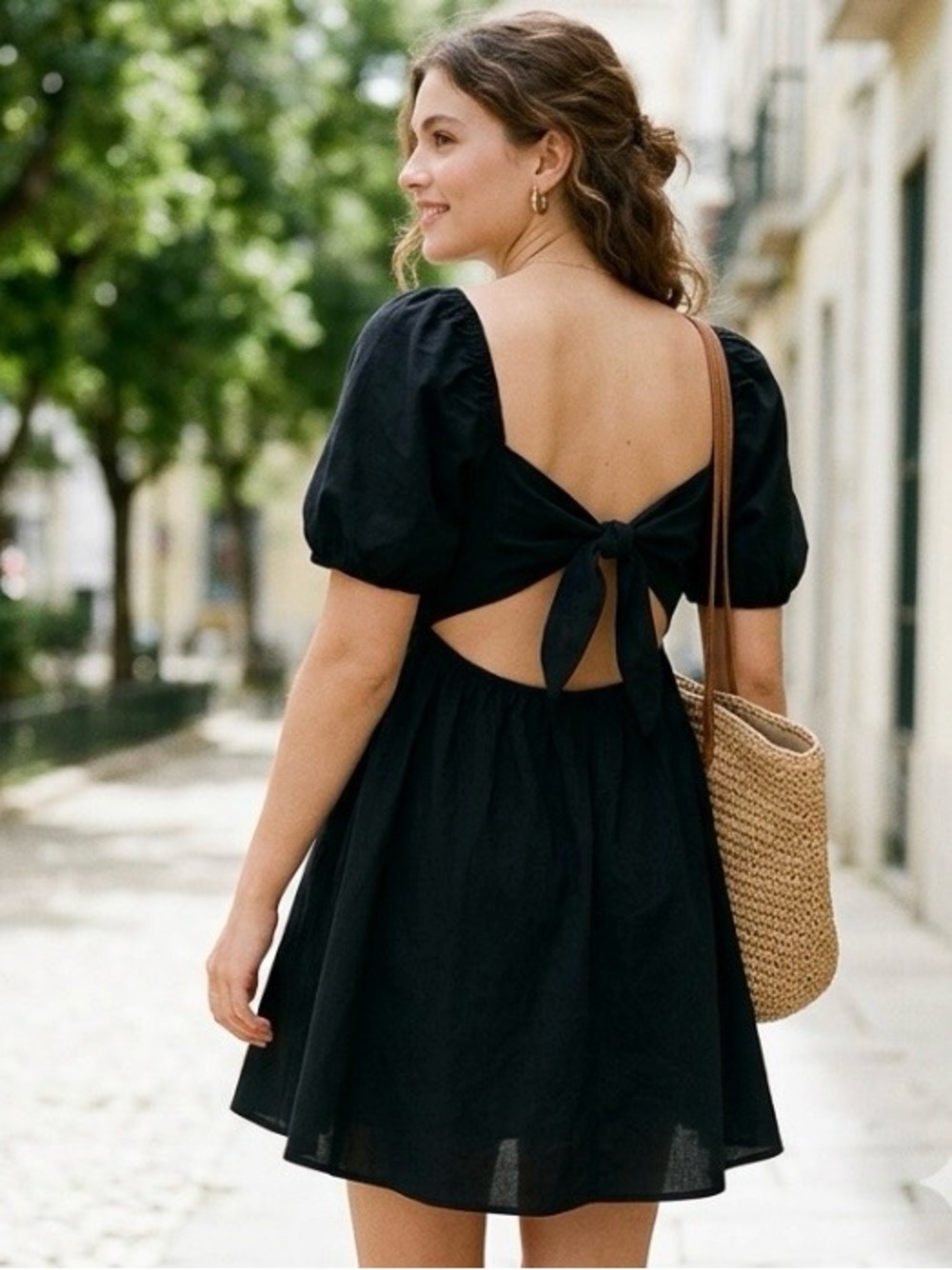 Old Navy Black Puff-Sleeve Tie-Back Cut Out Mini Dress